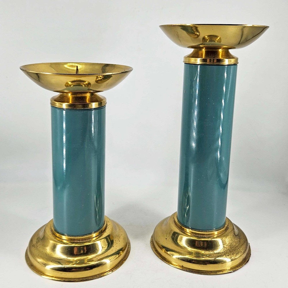 2 Vintage Ethan Allen teal enamel brass pillar candle holders
